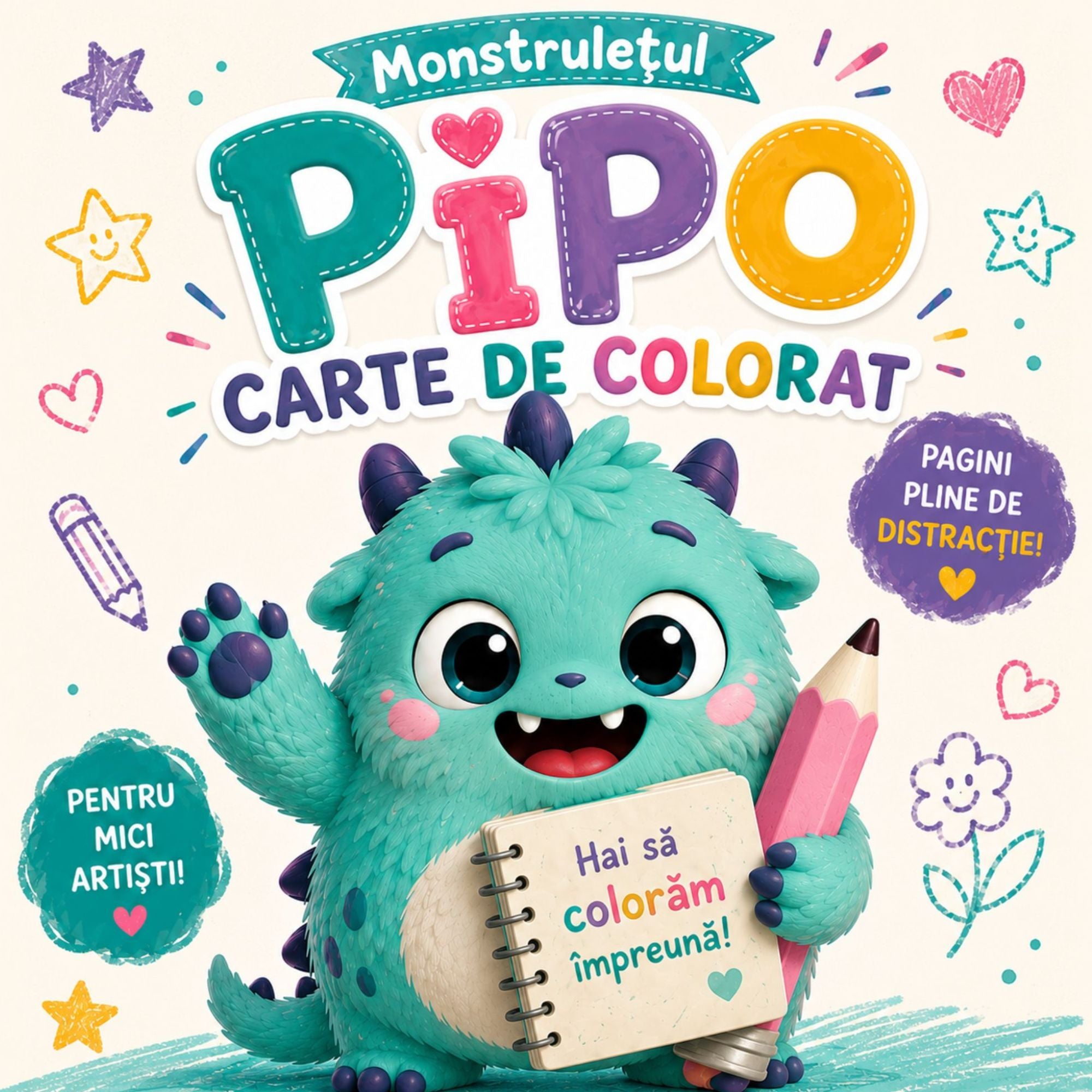 pagini din cartea de colorat Monstruletul Pipo pentru copii prescolari si scolari