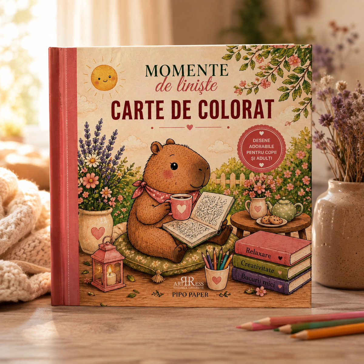 Carte de colorat Momente de liniste de la Pipo Paper, cu coperta ilustrata si desene adorabile pentru copii si adulti. Ideala pentru relaxare, creativitate si momente linistite petrecute colorand.