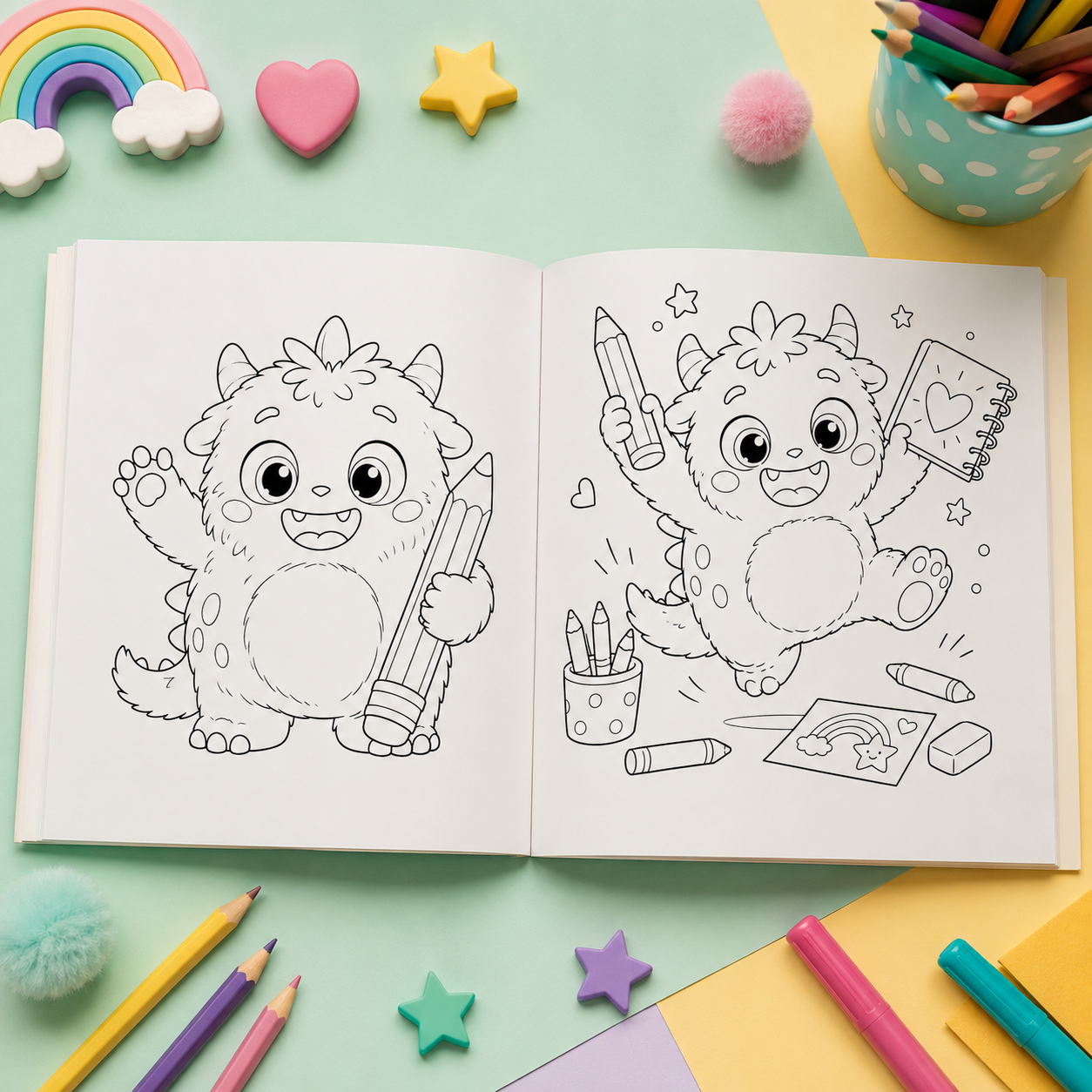 Doua carti de colorat premium Pipo Paper, perfecte pentru activitati creative in familie, acasa sau in vacanta.