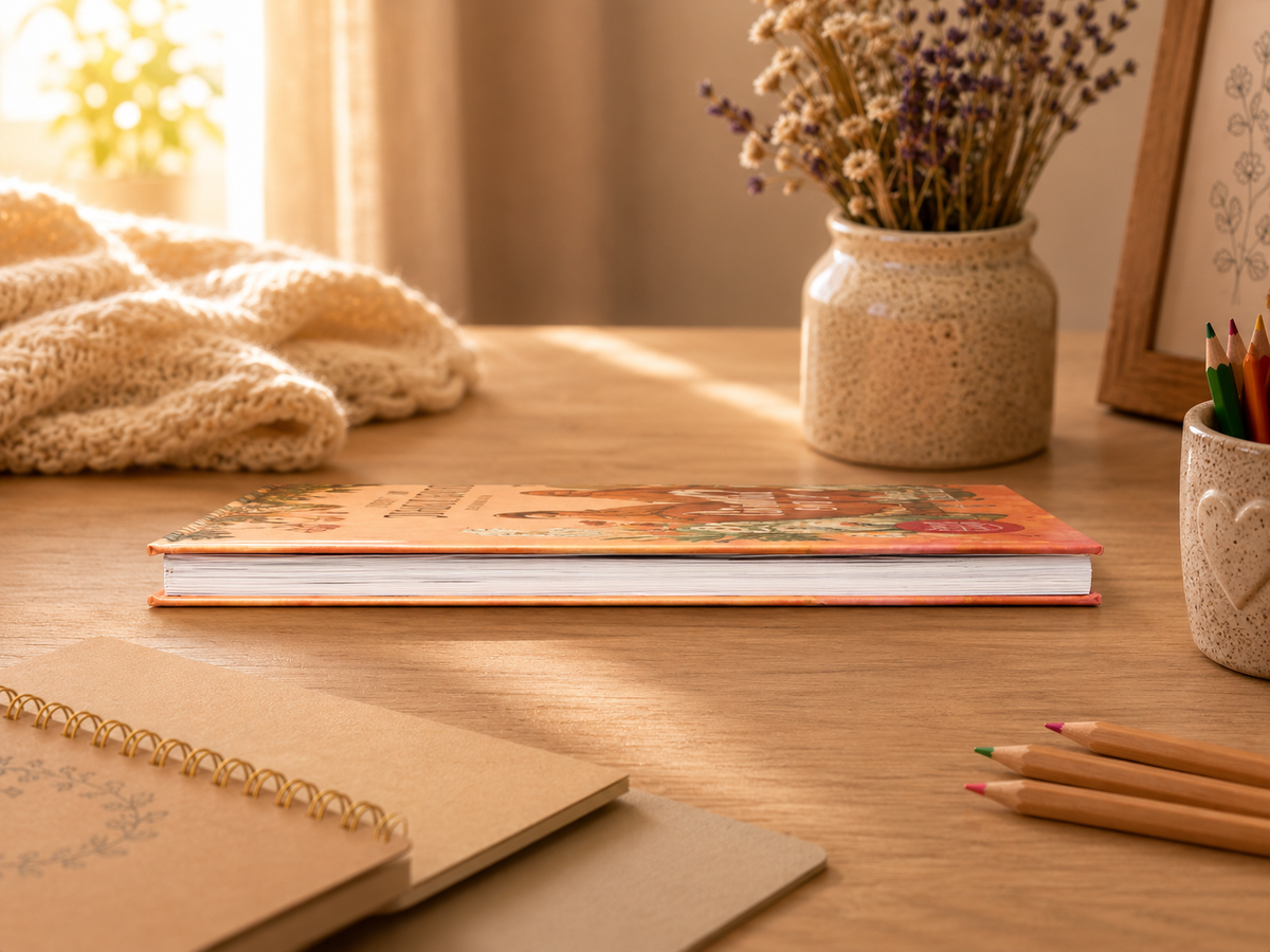 Detaliu cu cotorul cartii de colorat Momente de liniste Pipo Paper. Cartea are coperta rigida si un format compact, potrivit pentru utilizare acasa sau pentru a fi oferita cadou