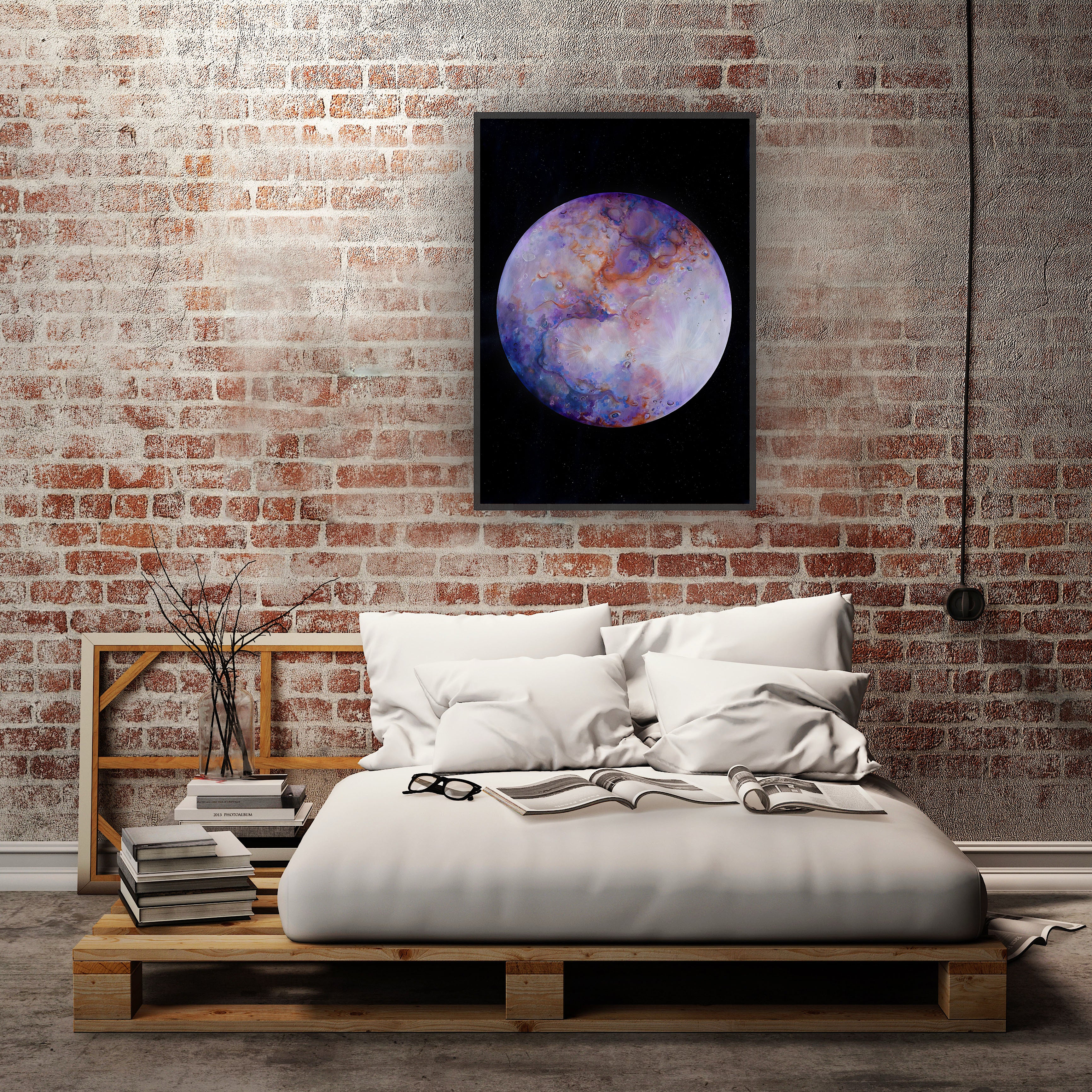 Print premium de artă abstractă, inspirat din cosmos, în nuanțe violet, albastru și cupru