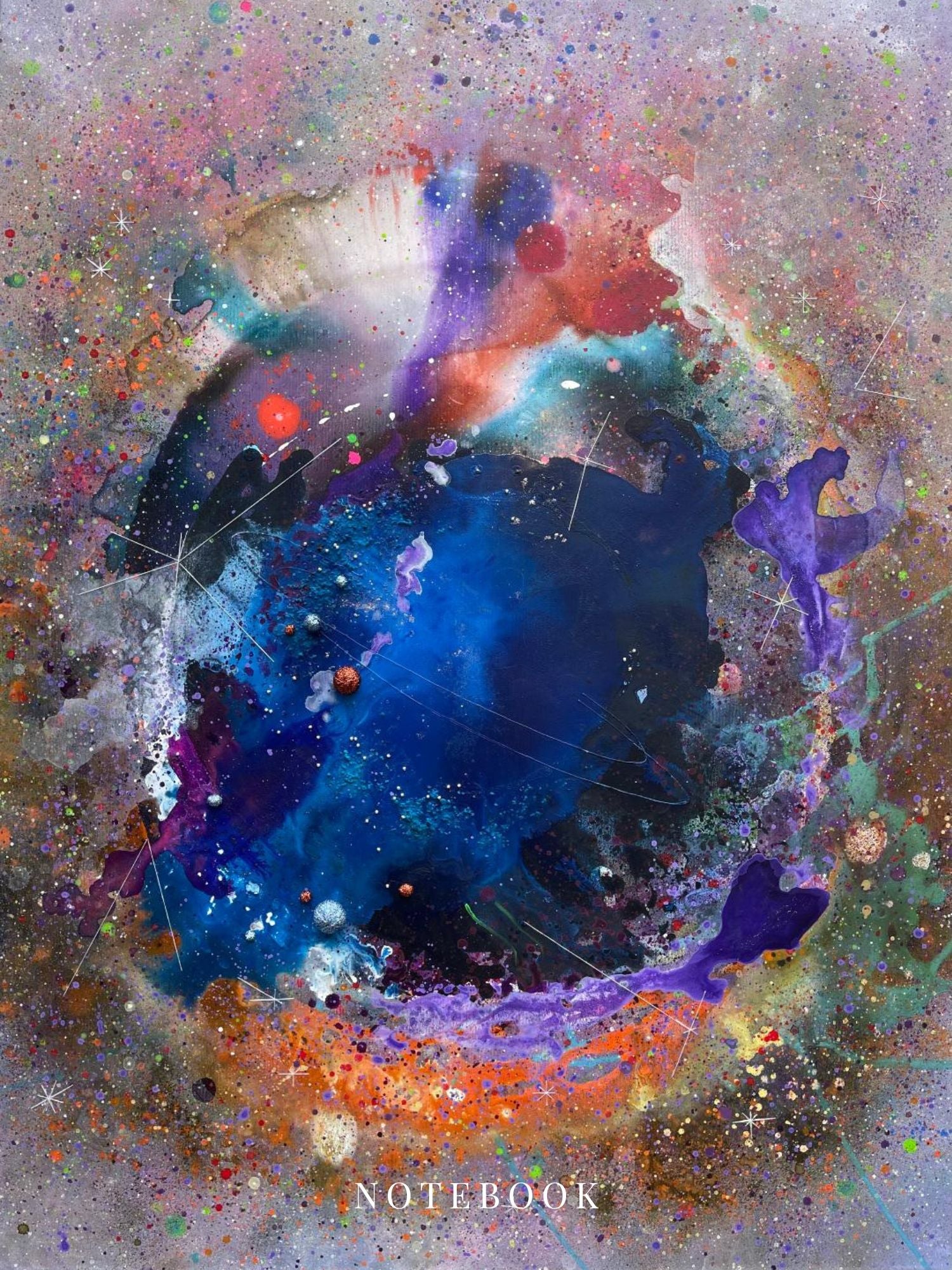 Notebook Univers cu ilustratie abstracta in nuante profunde de albastru si mov, ideal pentru scris, planuri si inspiratie zilnica.