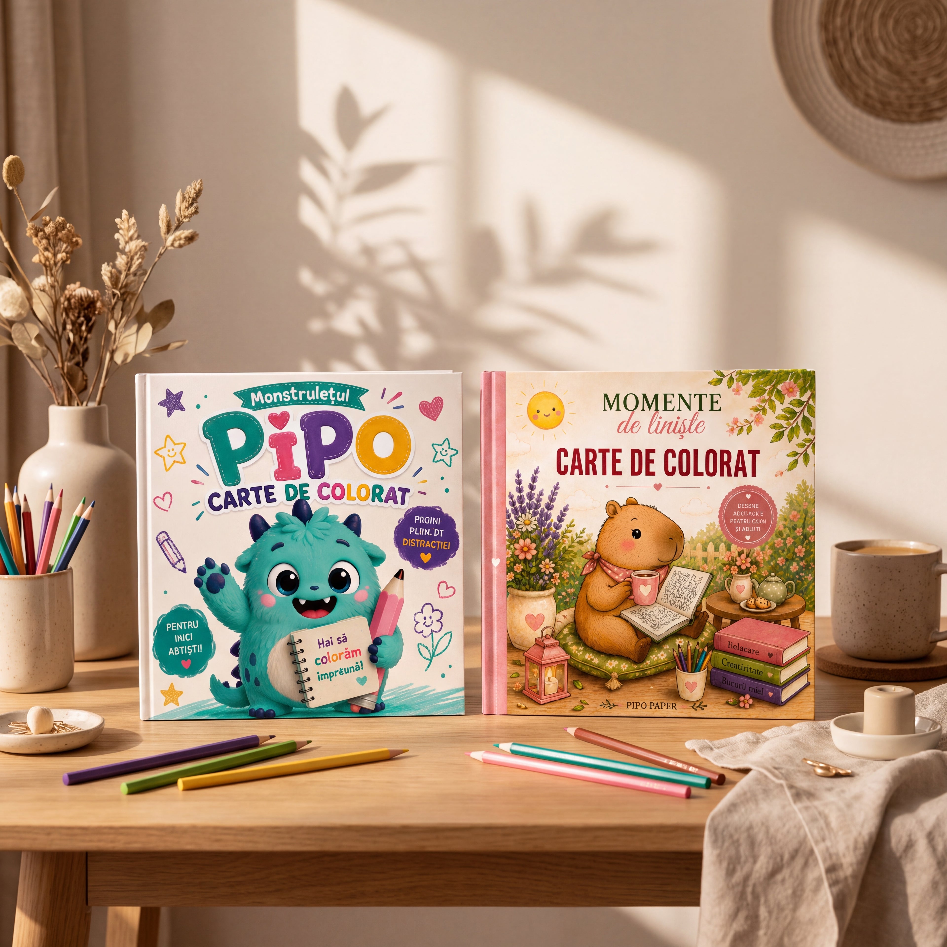 Cele doua carti de colorat Pipo Paper prezentate impreuna pe o masa, intr-un decor cald, alaturi de creioane colorate si accesorii creative.