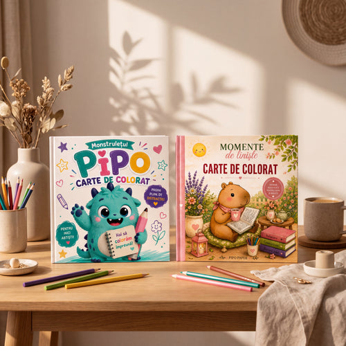 Cele doua carti de colorat Pipo Paper prezentate impreuna pe o masa, intr-un decor cald, alaturi de creioane colorate si accesorii creative.