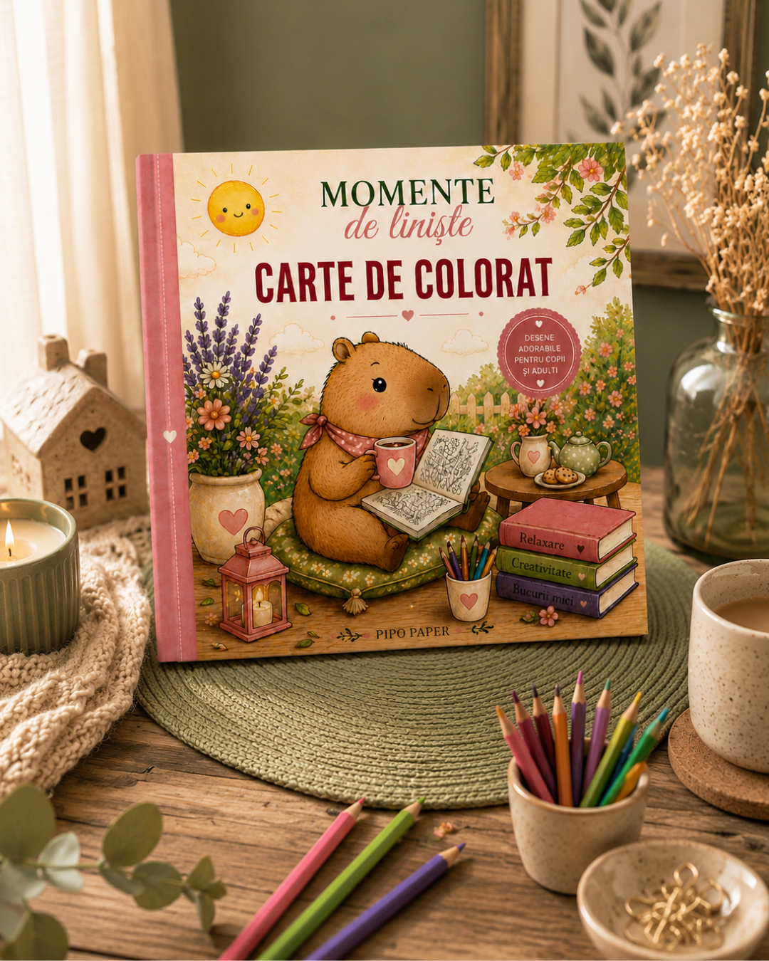 Colectia Familie Pipo Paper cu doua carti de colorat de 20 × 20 cm, realizate si tiparite în Romania.