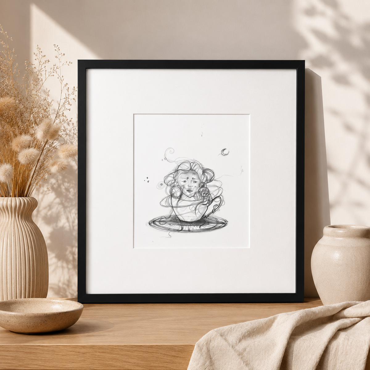 Printul "Visul" reproduce fidel un desen original realizat in creion. Este prezentat intr-o rama neagra cu passepartout alb, intr-un decor minimalist, pentru a evidentia eleganta si finetea ilustratiei.