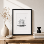 Imagine de prezentare a printului "Visul", realizat dupa un desen original in creion. Rama neagra si passepartout-ul alb evidentiaza compozitia, oferind inspiratie pentru integrarea lucrarii intr-un decor contemporan.