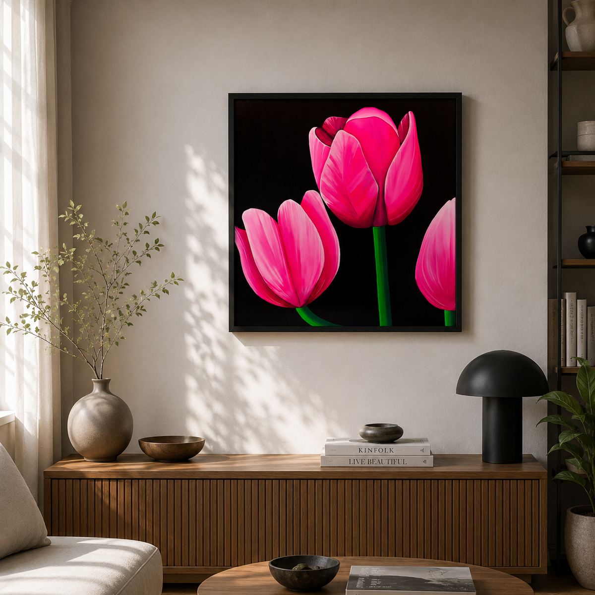 Print decorativ Lalele prezentat intr-un interior elegant, cu flori roz intense care contrasteaza cu fundalul negru si creeaza un punct focal in incapere.
