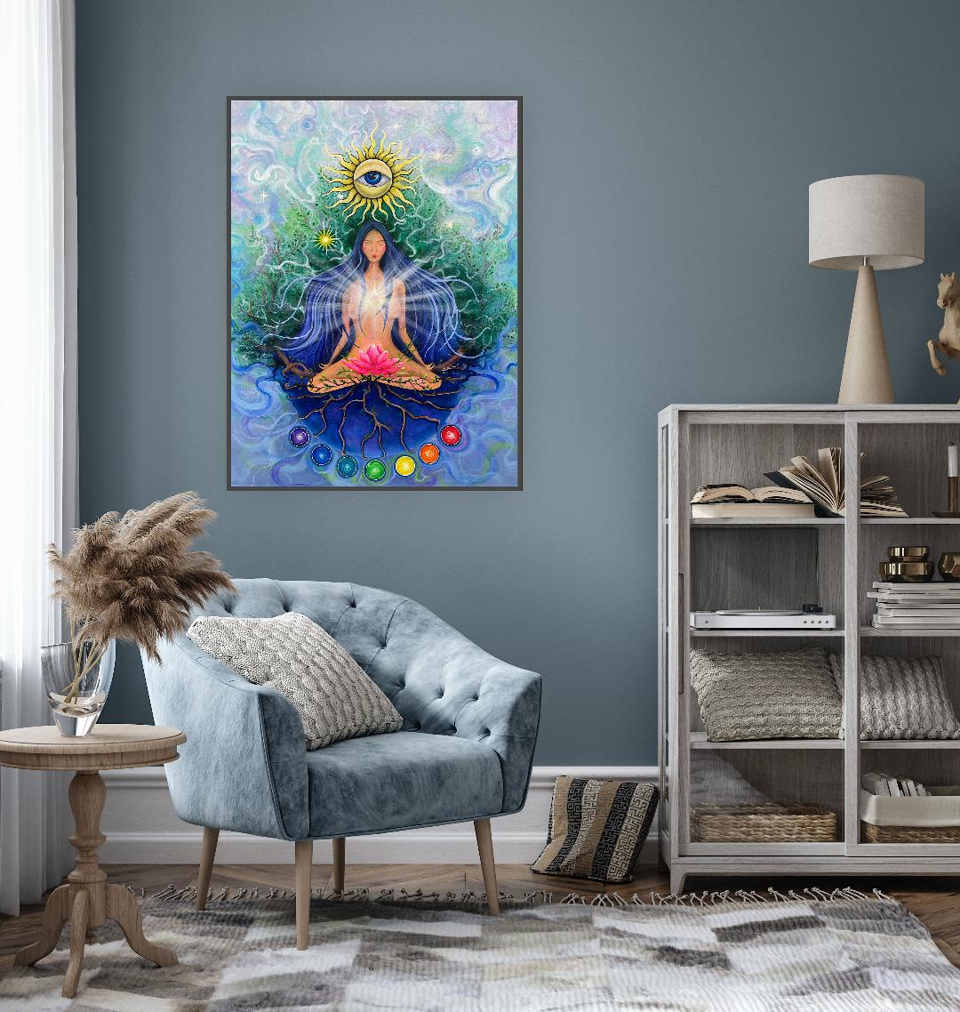 imagine cu cele șapte chakre colorate și floare de lotus roz