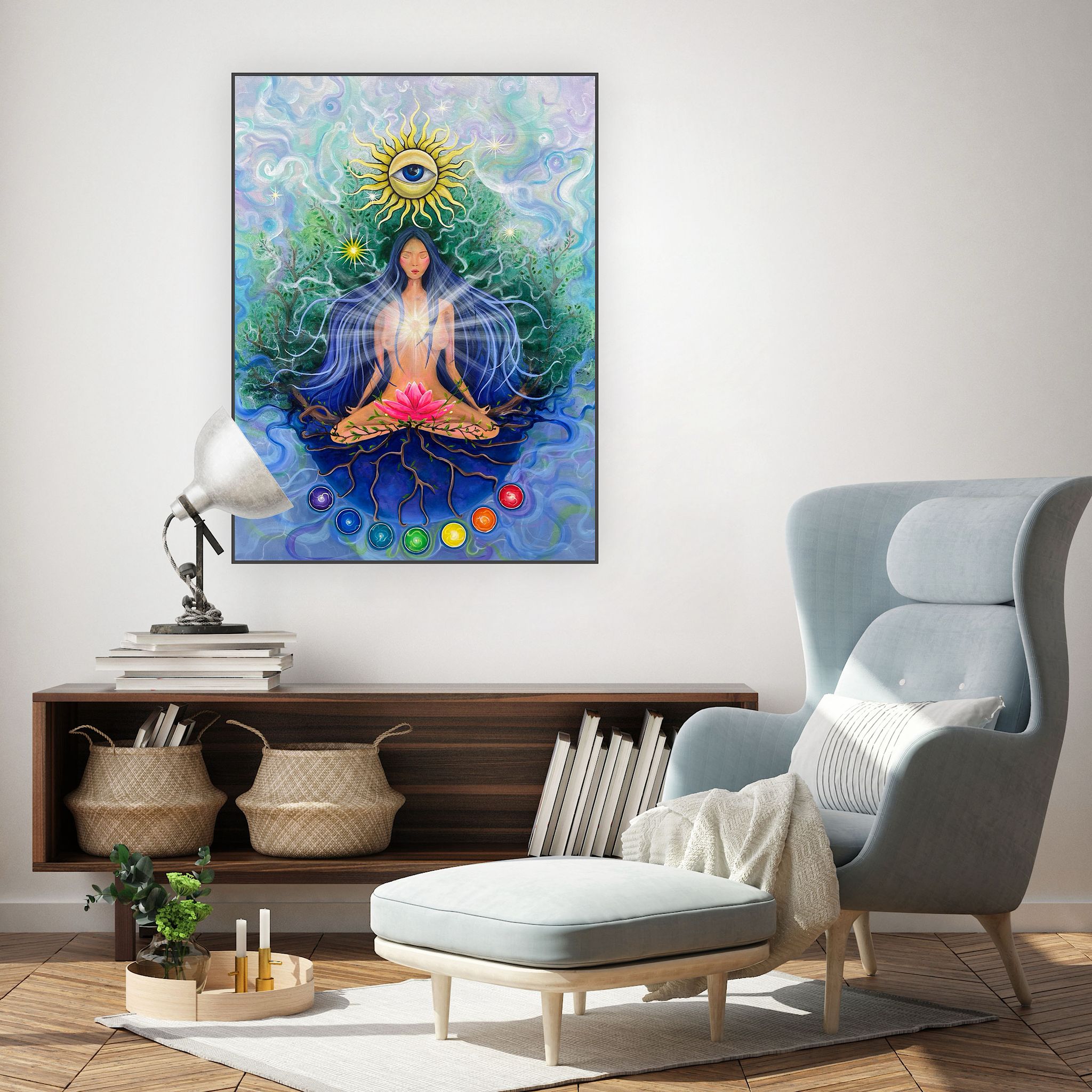 lucrare artistică cu lotus roz și aure de energie radiantă