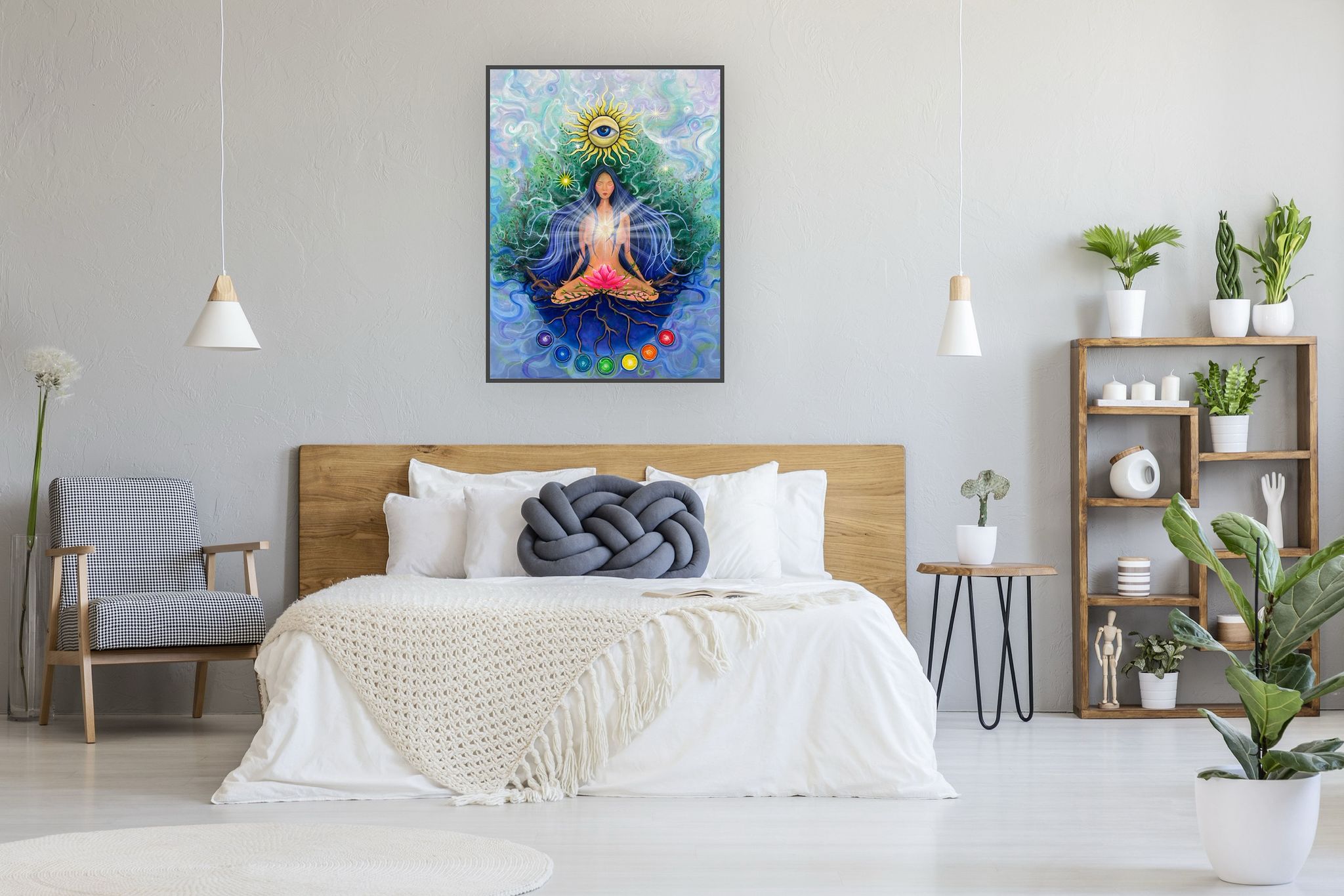artă spirituală cu soare radiant și ochiul atotvăzător